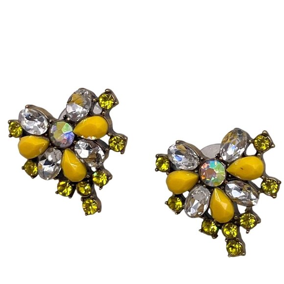 N/A Jewelry - Yellow Rhinestone Crystal Floral Stud Earrings Silver Tone Evening Cocktail